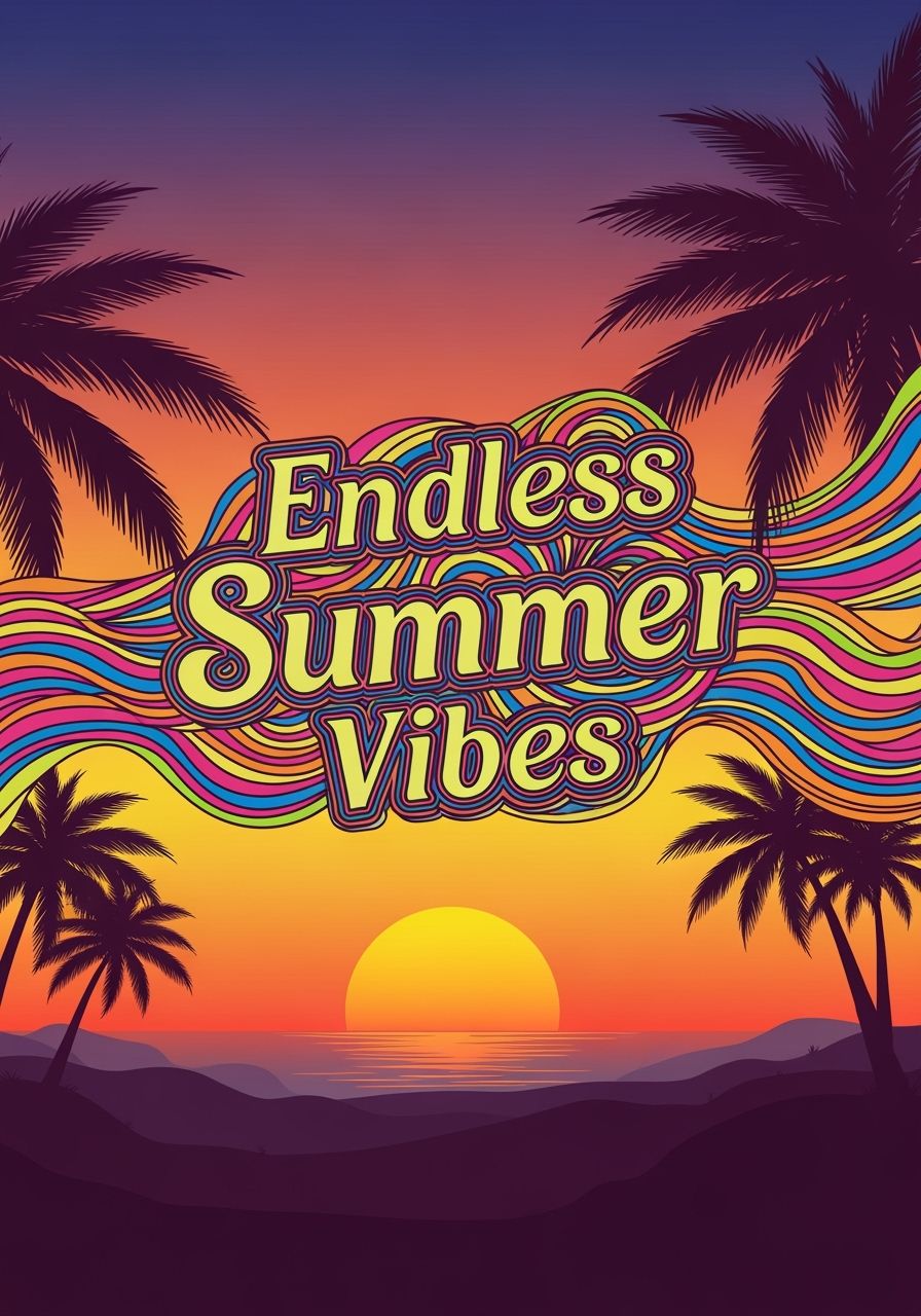 Projete um cartaz de festival de música de verão em estilo retrô. Silhuetas de praia e palmeiras ao pôr do sol, tons quentes com gradientes laranja, amarelo e roxo.