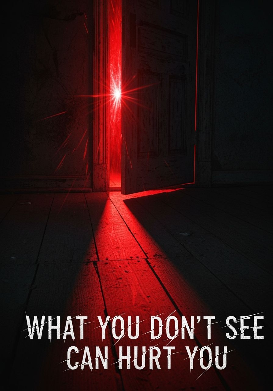 Projete capa de romance de suspense. Porta entreaberta com luz vermelha assustadora saindo, longas sombras no chão.