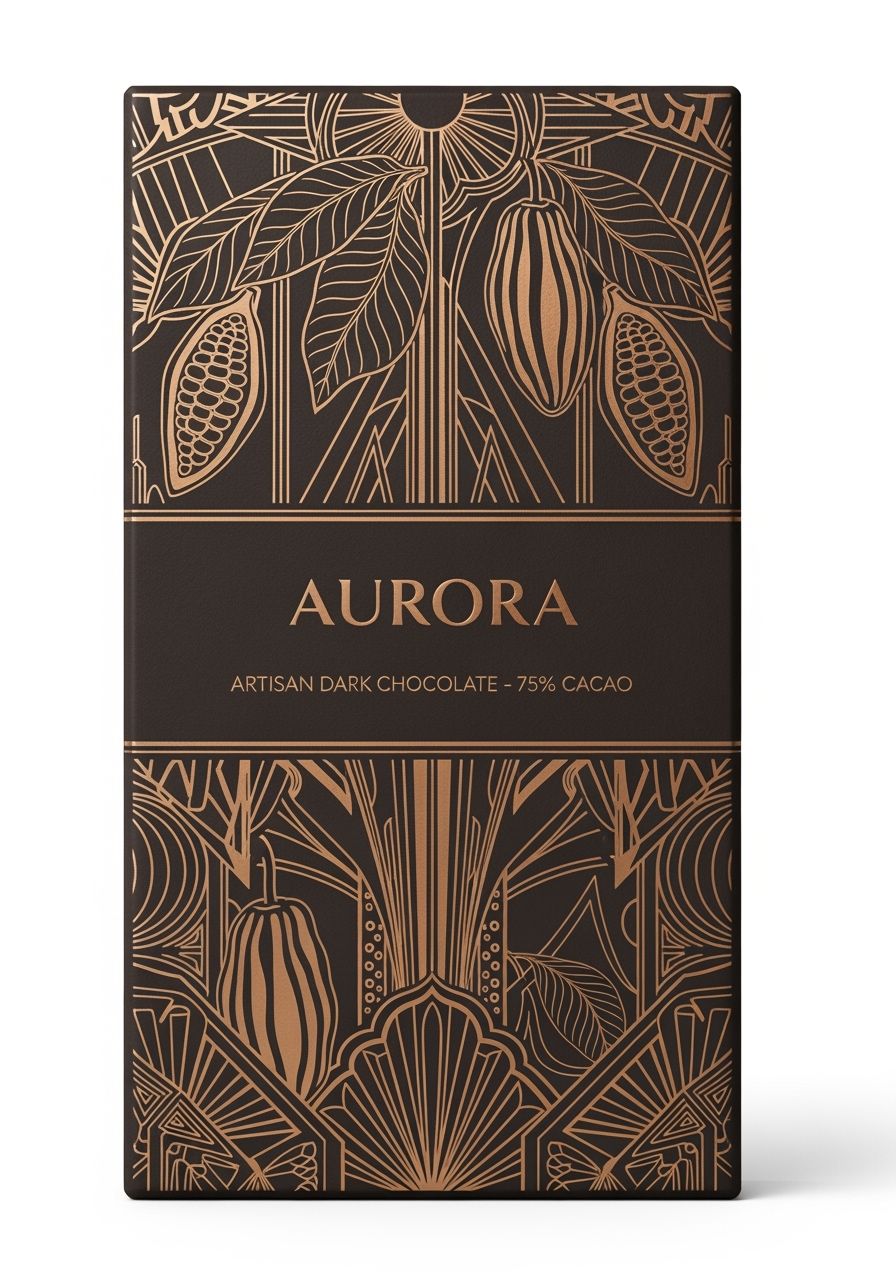 Projete embalagem de chocolate amargo premium. Papel fosco marrom escuro com grão de cacau dourado e desenhos de linhas decorativas art déco.
