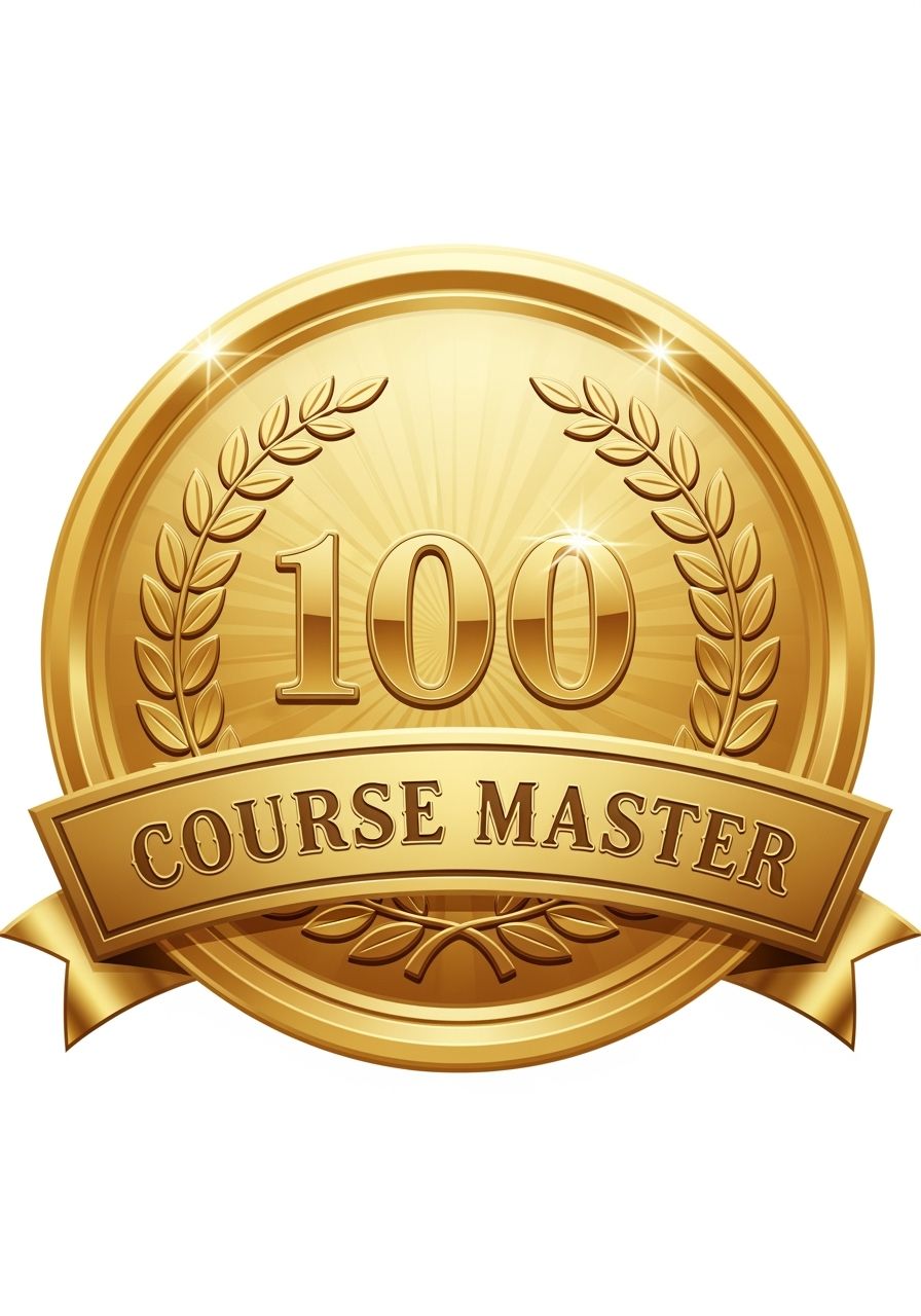 Projete insígnia de conquista por completar 100 cursos em aplicativo de aprendizagem. Forma de medalha dourada com coroa de louros ao redor do número 100.