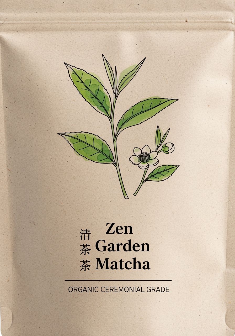 Projete embalagem de chá verde orgânico. Textura de papel reciclado cor de osso com ilustrações simples de folhas de chá estilo aquarela.