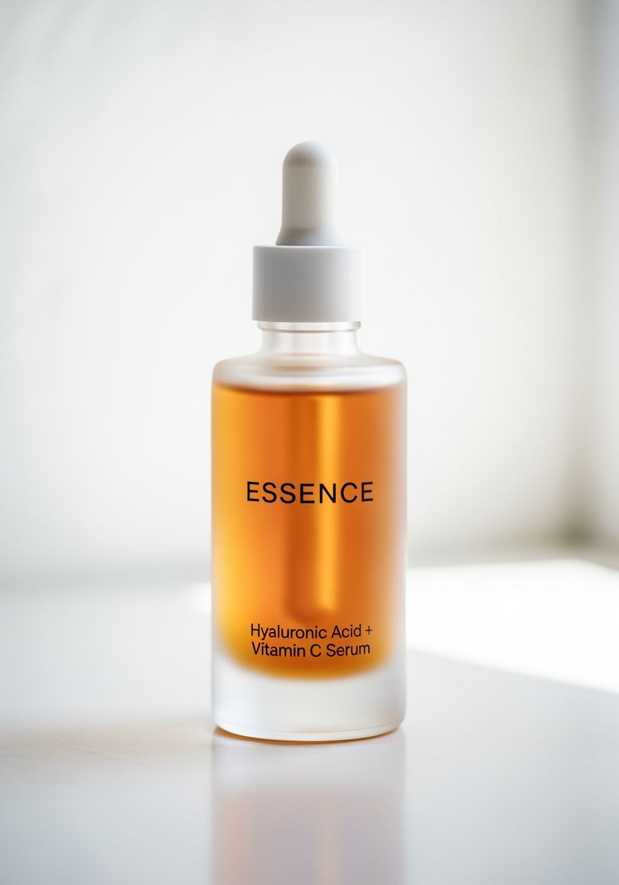 Projete frasco de essência para ingredientes naturais. Vidro transparente fosco mostrando líquido interno, fonte minimalista para nome do produto.