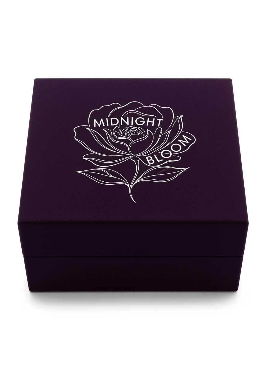 Projete embalagem para perfume feminino Midnight Bloom. Caixa roxa profunda com textura de veludo, desenho de linha prateada de flor abstrata.