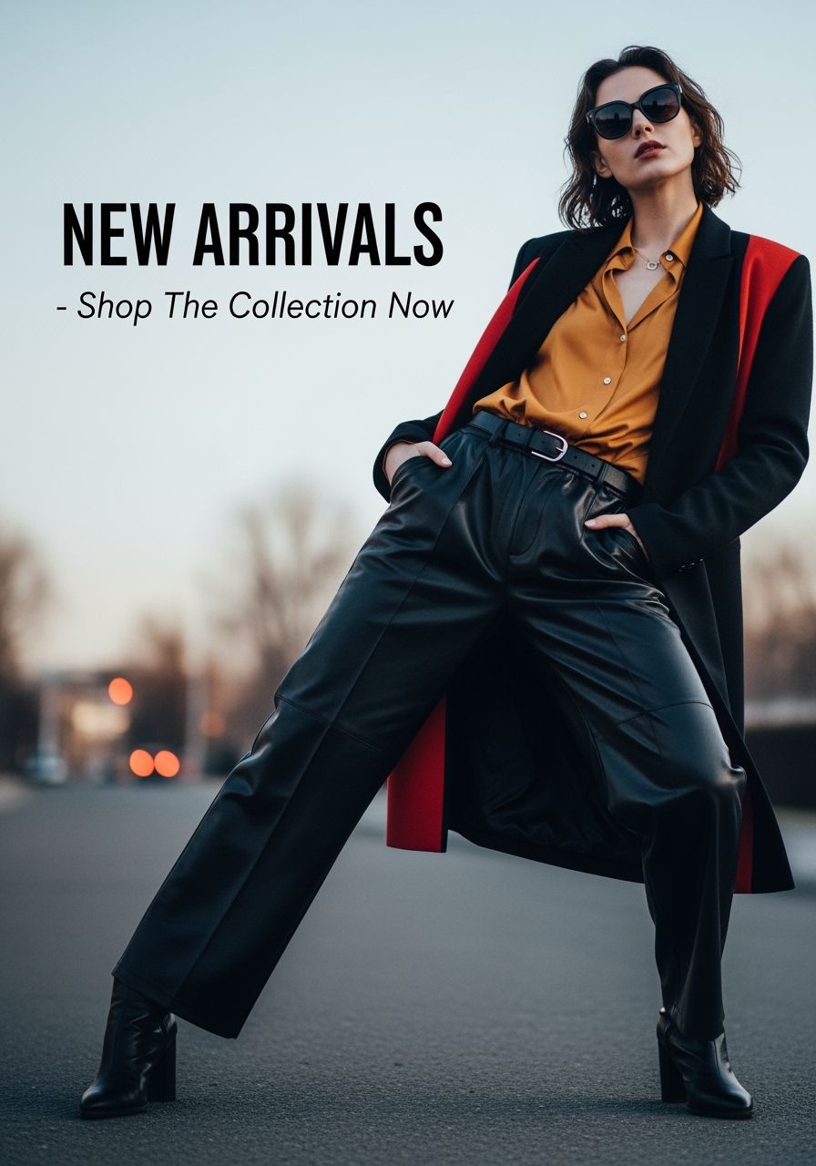 Projete Hero Banner para site de e-commerce de moda. Modelo usando última moda, composição ousada com sobreposição de texto promocional.