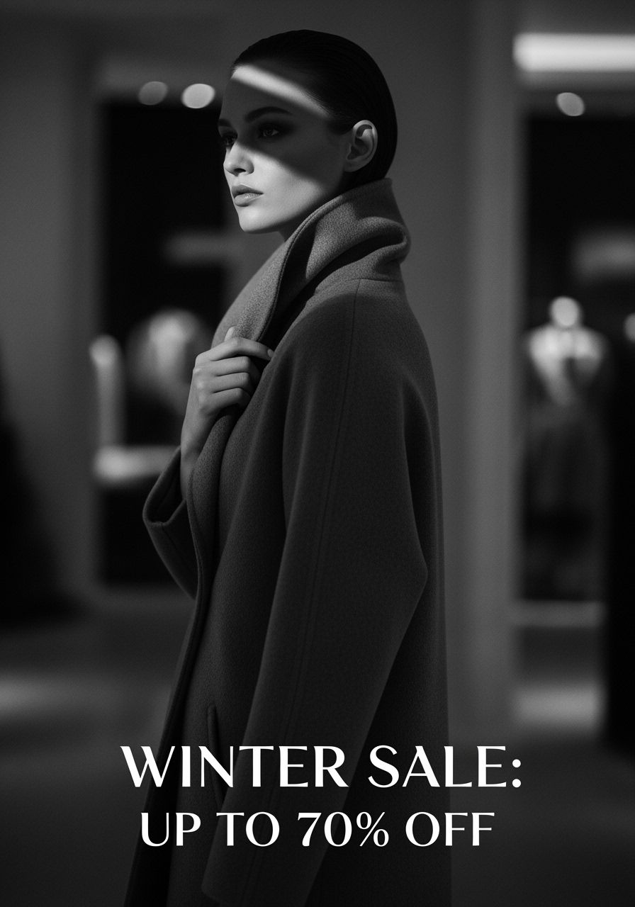 Projete um cartaz de moda de venda de inverno para marca de luxo. Estilo de fotografia em preto e branco, modelo com casaco, pose elegante com sombras misteriosas.