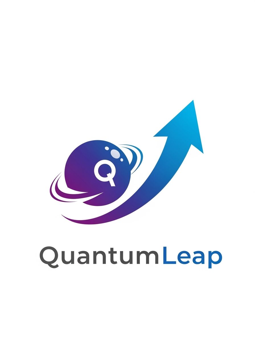 Projete um logotipo para a startup de IA QuantumLeap. Design abstrato combinando símbolos de qubit e setas para cima, representando o conceito de salto quântico.
