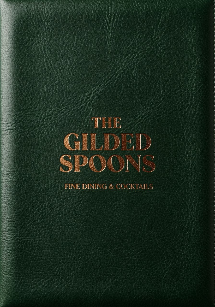 Projete capa de menu para o restaurante de alta gastronomia The Gilded Spoon. Textura de couro verde profundo com nome do restaurante estampado em folha dourada.