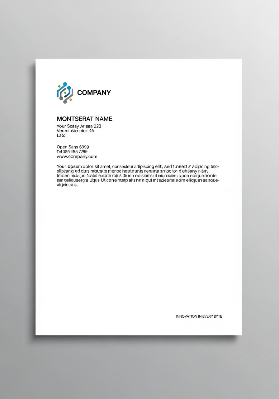 Projete papel timbrado de empresa moderno. Logotipo da empresa no canto superior esquerdo com fonte padrão para informações da empresa.