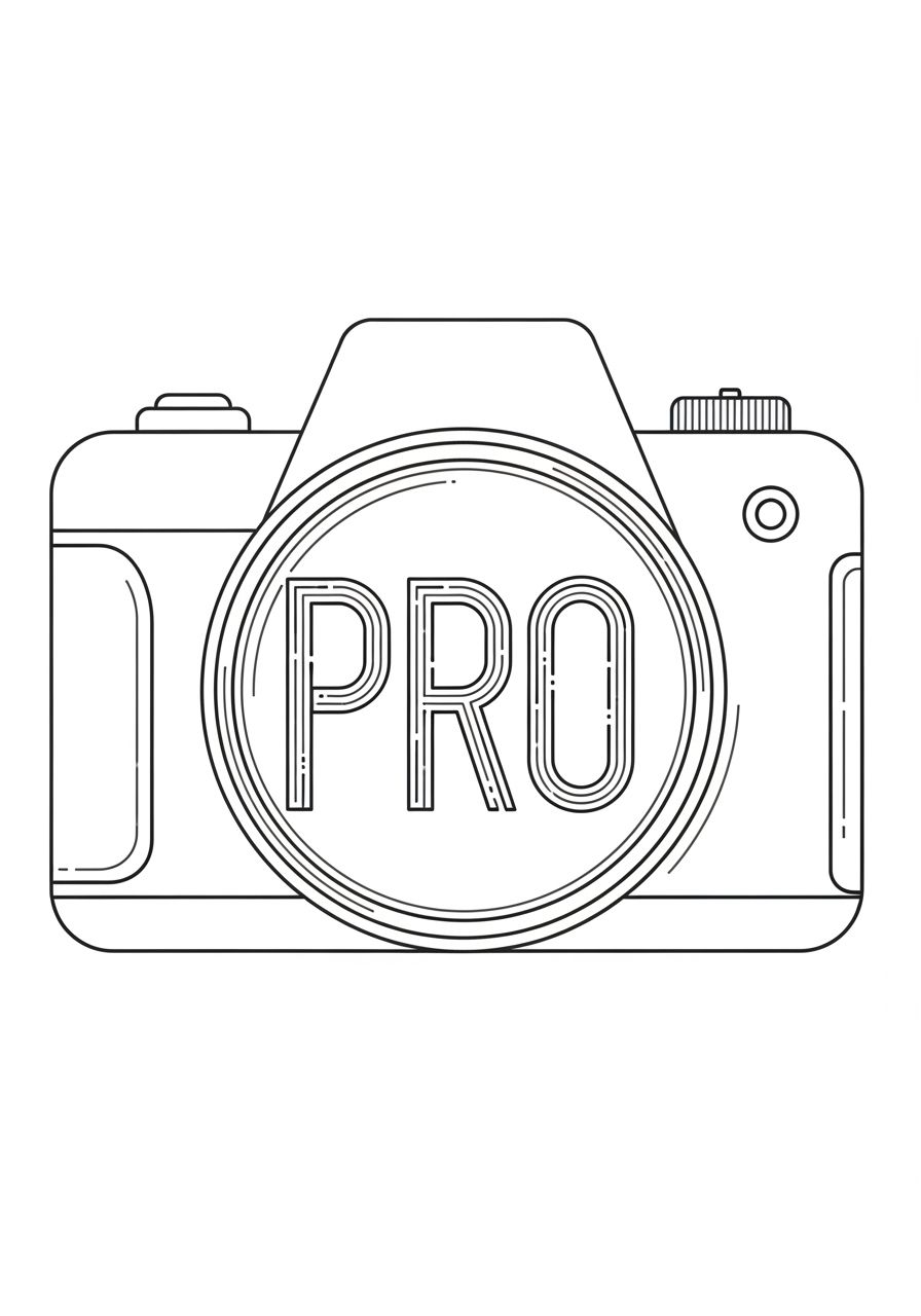 Projete ícone de modo profissional para aplicativo de câmera. Gráfico de câmera abstrato com letras PRO formadas por arte de linhas finas na posição da lente.