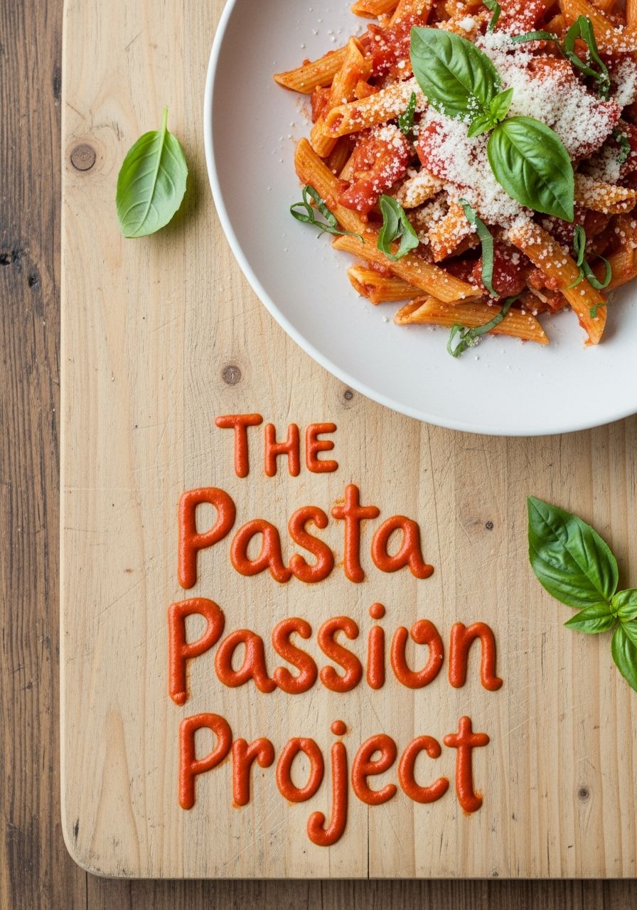 Projete capa de livro de culinária de massa italiana. Vista superior de massa colorida com tomate e manjericão sobre fundo de madeira rústica.