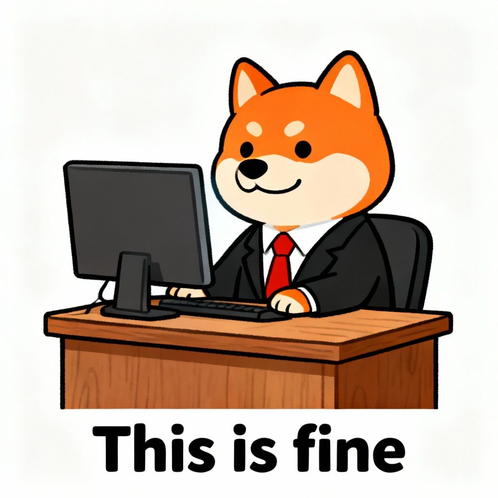 A Shiba Inu in a suit, sitting at a desk, displaying a 'professional fake smile' at the computer screen.