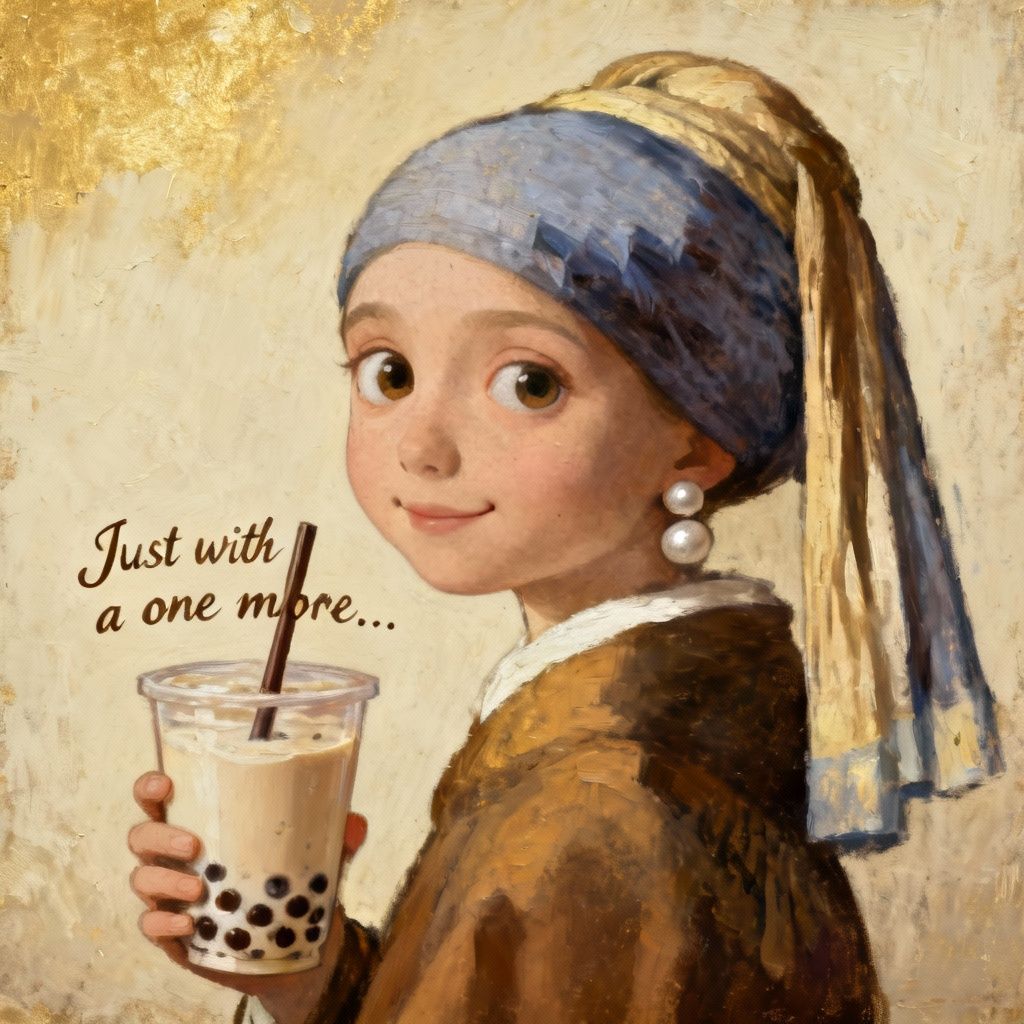 Vermeer's 'Girl with a Pearl Earring,' but the girl is holding a cup of bubble tea with an innocent look.