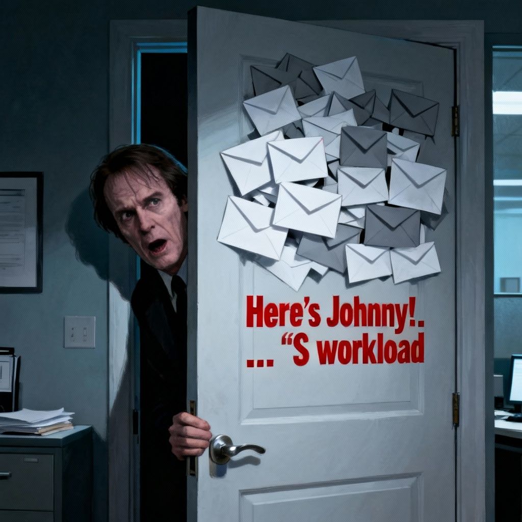 The classic scene from 'The Shining' where Jack Nicholson pokes his head through, but behind the door is a pile of work emails to be processed.