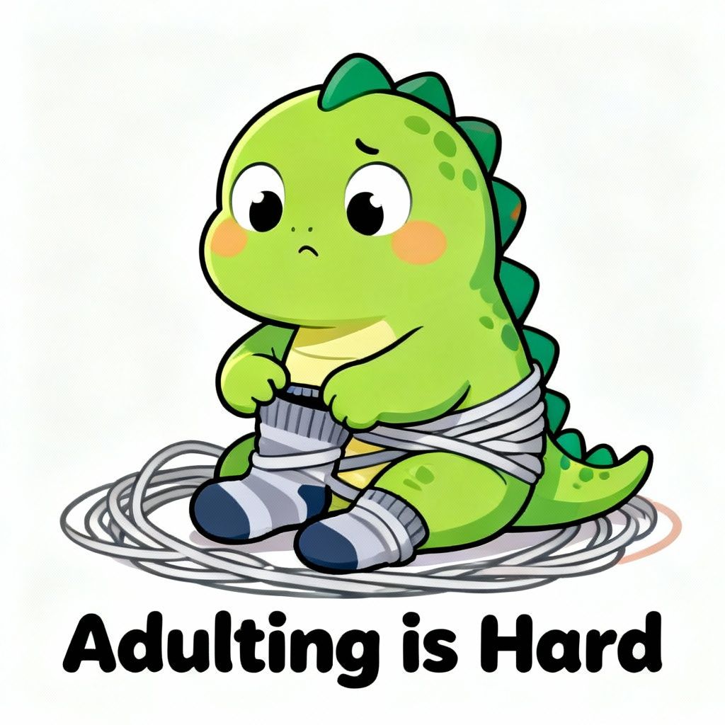 A chubby cartoon little dinosaur trying to put on socks by itself, ending up tangled in a ball.