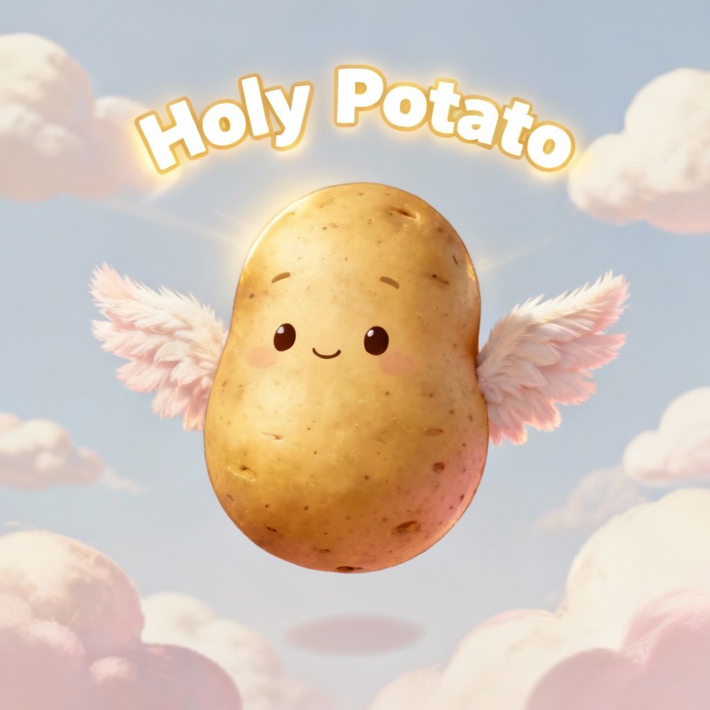A potato with angel wings, floating in the air with a sacred expression.