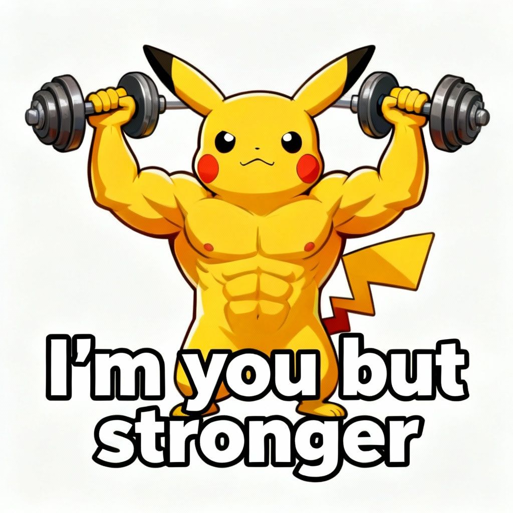 A muscular Pikachu lifting weights with a determined expression.