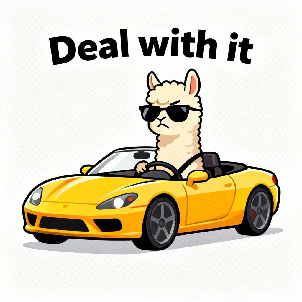 An alpaca wearing sunglasses, driving a convertible sports car, with a disdainful expression.
