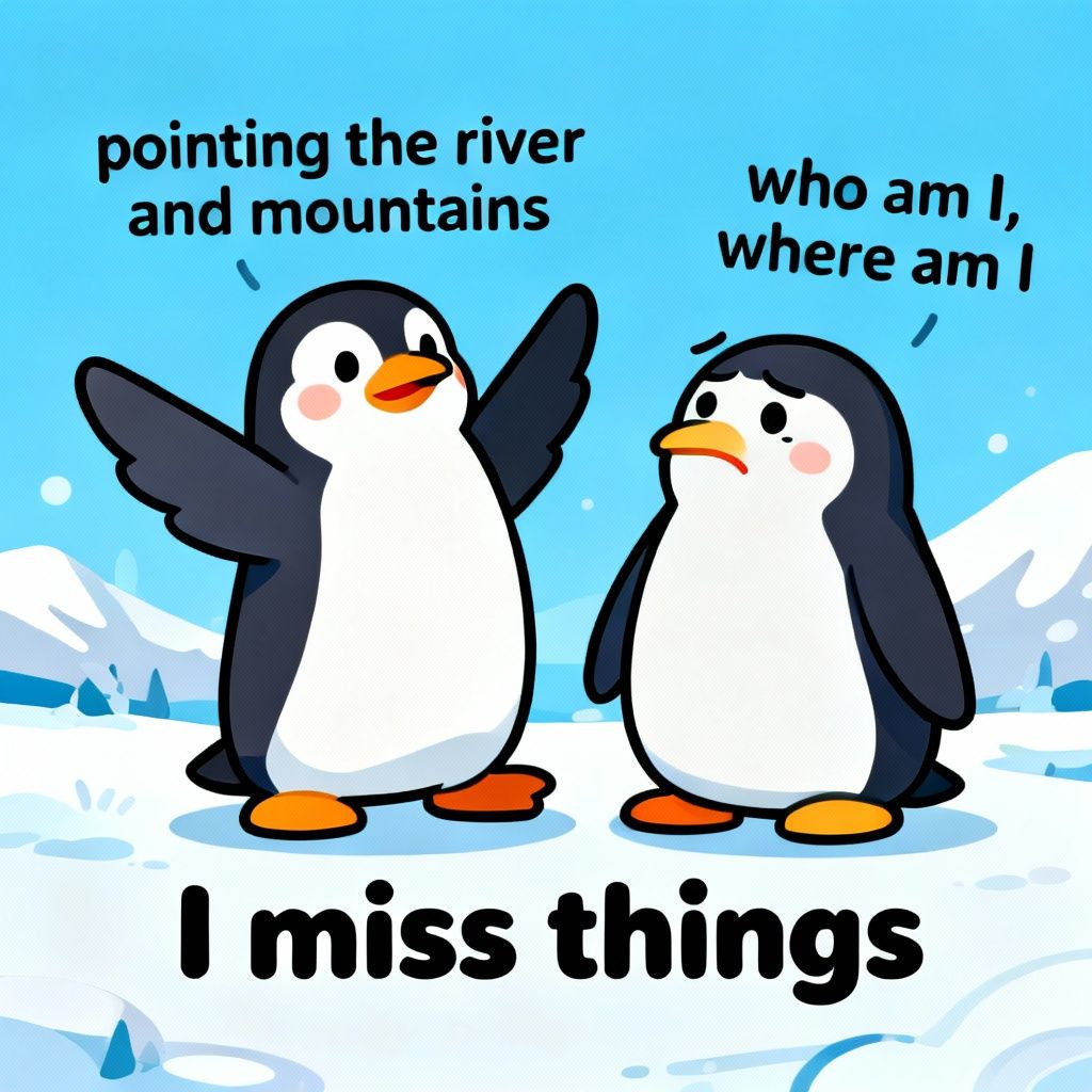 Two penguins, one 'lecturing' the other, passionately waving its flippers, while the other penguin has a 'who am I, where am I' expression.