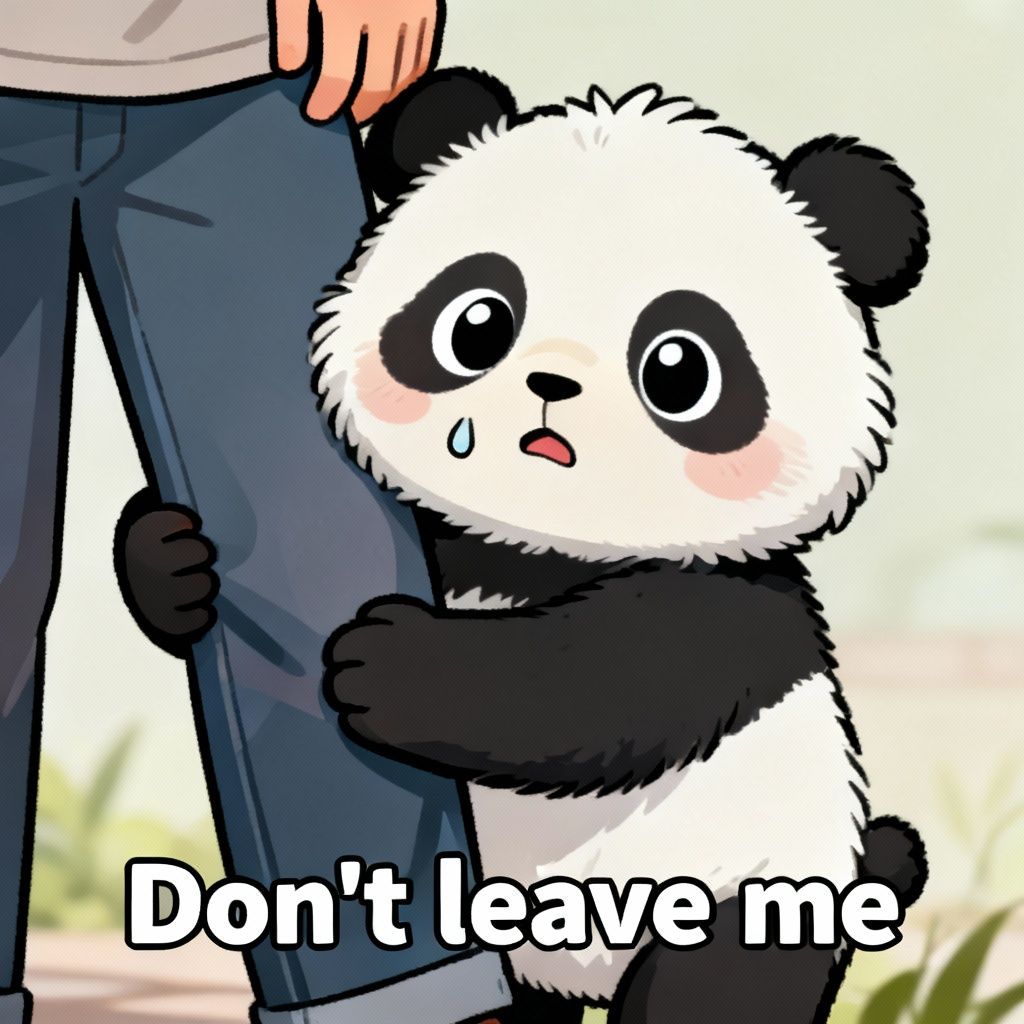A baby panda tightly hugging the keeper's leg, with 'not letting go' written all over its face.