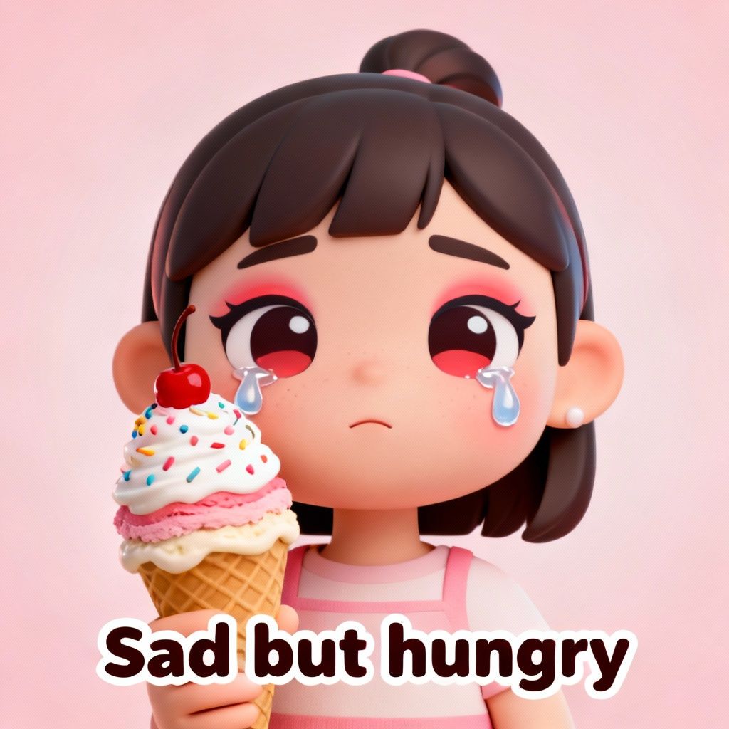 A girl with exaggerated 'tearful' makeup, but calmly holding a giant ice cream in her hand.