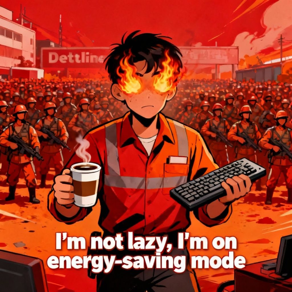 An office worker, coffee in left hand, keyboard in right hand, eyes burning with flames, with thousands of deadlines behind.