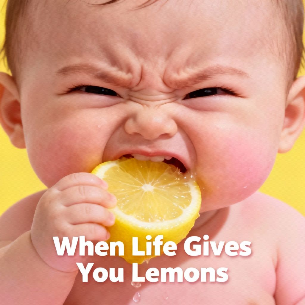 A baby tasting lemon for the first time, whole face scrunched up, expression extremely sour.