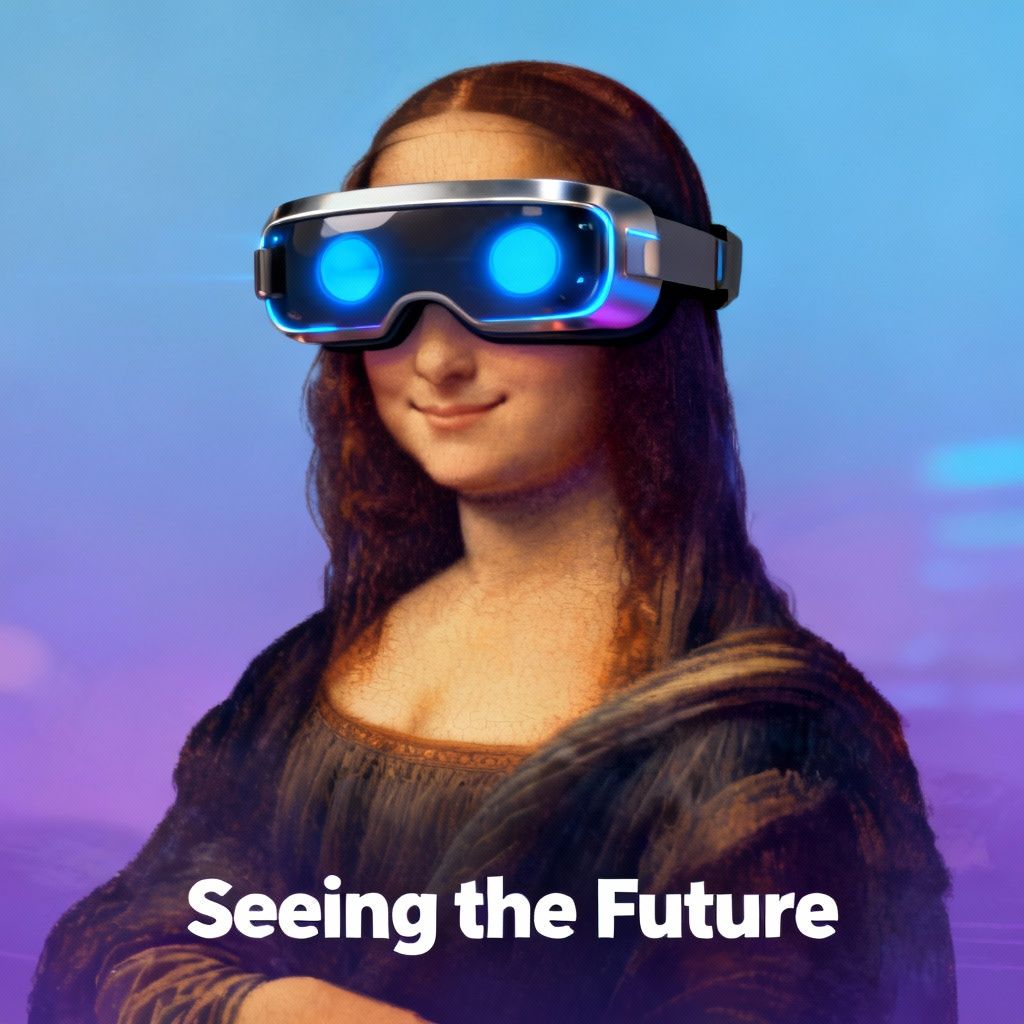 The Mona Lisa portrait, but she's wearing VR goggles, showing her mysterious smile.