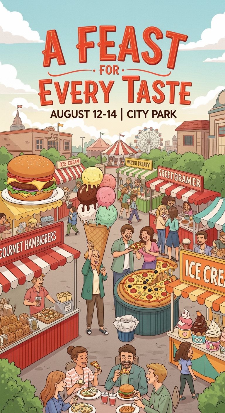 Pôster de festival gastronômico estilo ilustração retratando uma cena de mercado animada com pessoas degustando hambúrgueres, pizza, sorvete em várias barracas de comida