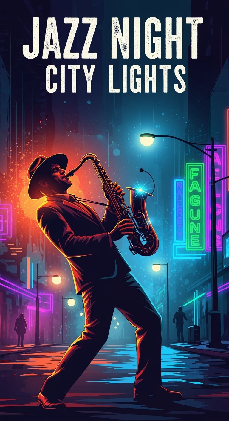 Pôster de festival de jazz da vida noturna urbana. Silhueta de tocador de saxofone contra letreiros de neon e postes de luz tênues, tom de cor quente