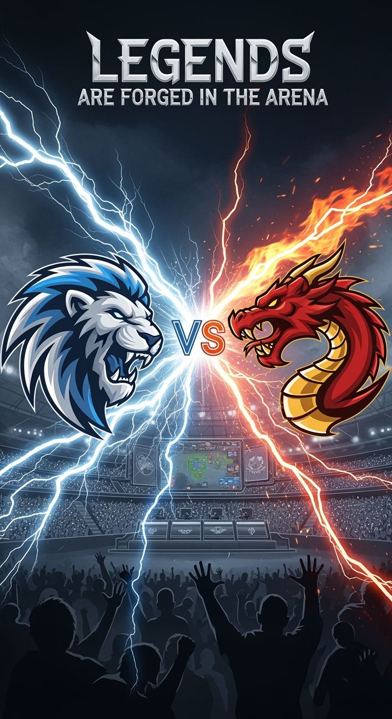 Pôster de torneio de e-sports competitivo e intenso. Dois logotipos de equipe colidindo ferozmente no centro, explodindo com raios e chamas, fundo de silhueta de local de competição lotado