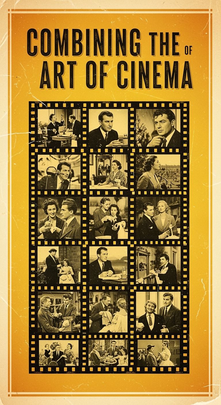 Pôster de festival de cinema estilo retrô imitando design antigo de rolo de filme com capturas de tela de cenas de filmes clássicos intercaladas, tom geral amarelado