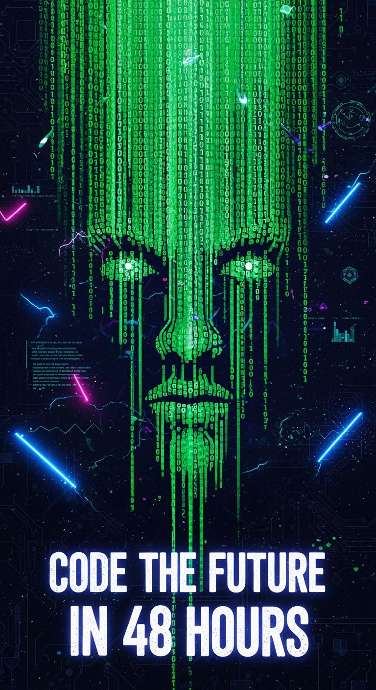 Pôster estilo punk digital com código em cascata e números binários formando uma silhueta de rosto legal