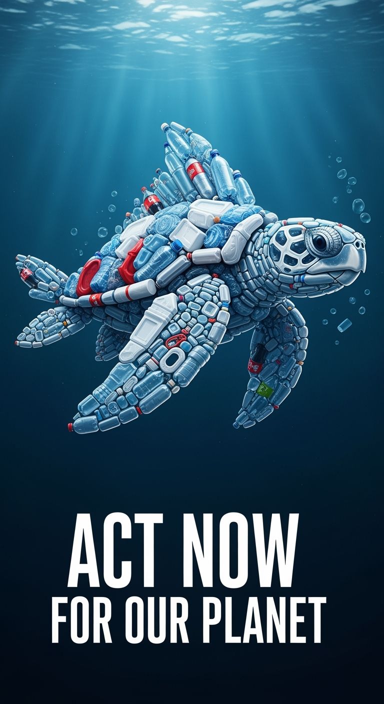 Pôster de caridade provocador de reflexão. Criatura marinha (como tartaruga ou peixe) feita de garrafas plásticas nadando em fundo azul profundo, evocando sensação de crise