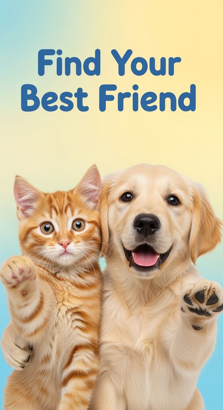 Pôster caloroso e adorável de dia de adoção de animais. Um gatinho e cachorrinho se aconchegando intimamente, apontando patas para o espectador com olhos expectantes