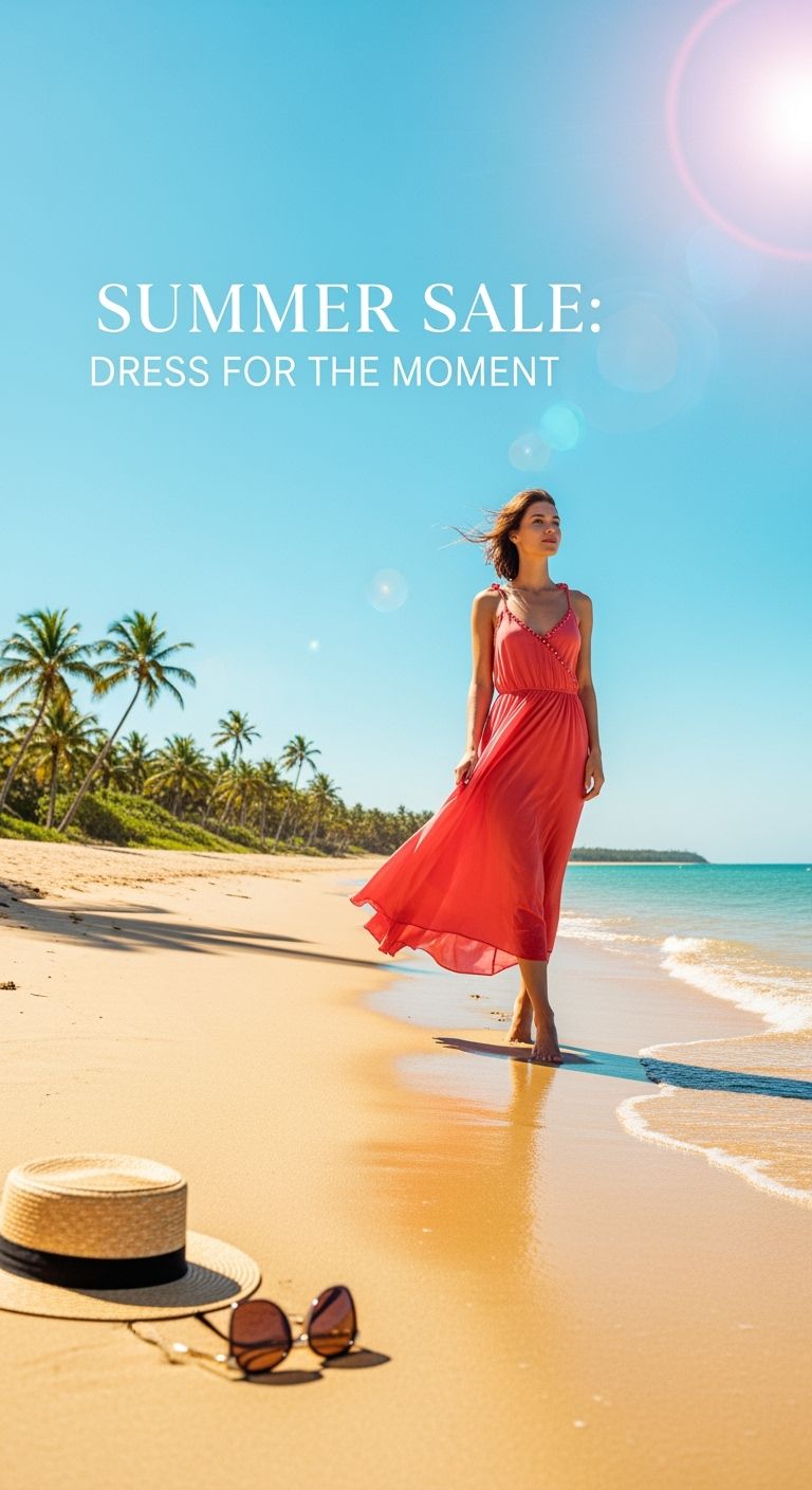 Pôster de comércio eletrônico fresco e minimalista com fundo de praia de verão. Sol, areia, palmeiras criam uma atmosfera relaxante. Uma modelo em um vestido fluido caminha naturalmente pela praia