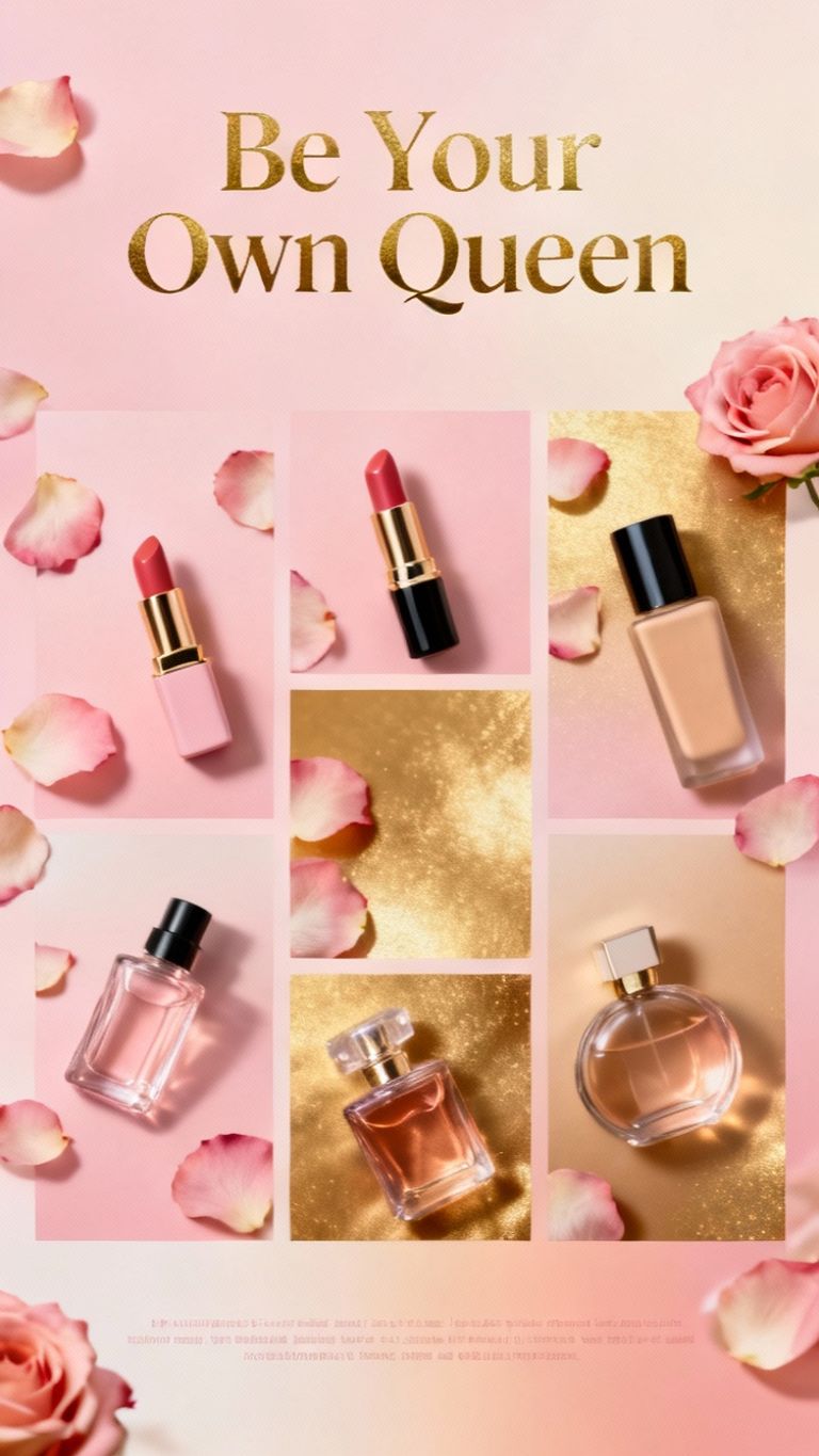 Elegante pôster de promoção de cosméticos com fundo gradiente rosa suave e dourado espalhado com pétalas de rosa. Batom requintado, base, frascos de perfume arranjados artisticamente