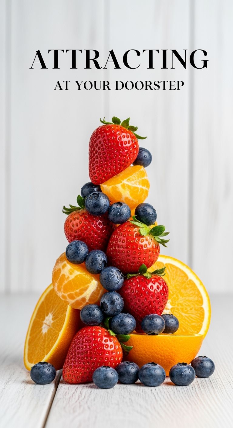 Pôster de comércio eletrônico de produtos frescos vibrante e apetitoso. Morangos frescos, mirtilos, laranjas empilhados juntos com fundo simples de textura de madeira