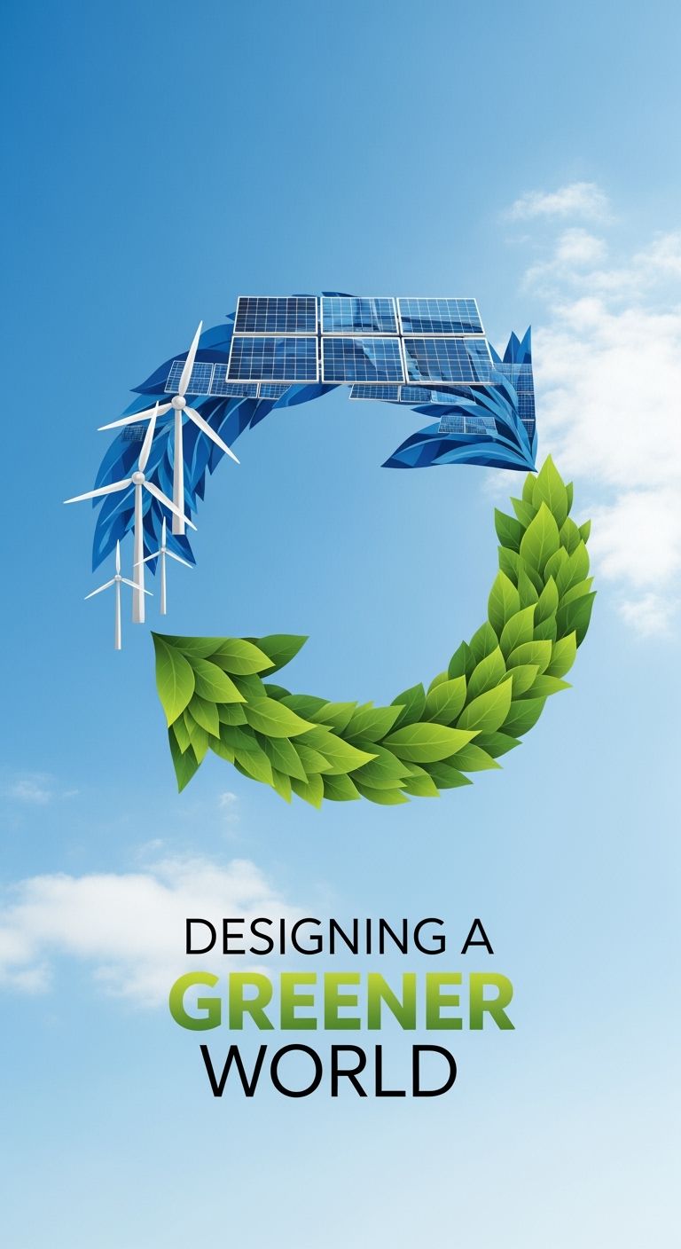 Pôster de exposição incorporando conceitos ambientais e sustentáveis. Turbinas eólicas, painéis solares e elementos de folhas verdes se fundem para formar uma seta circular, com fundo de céu azul e nuvens brancas