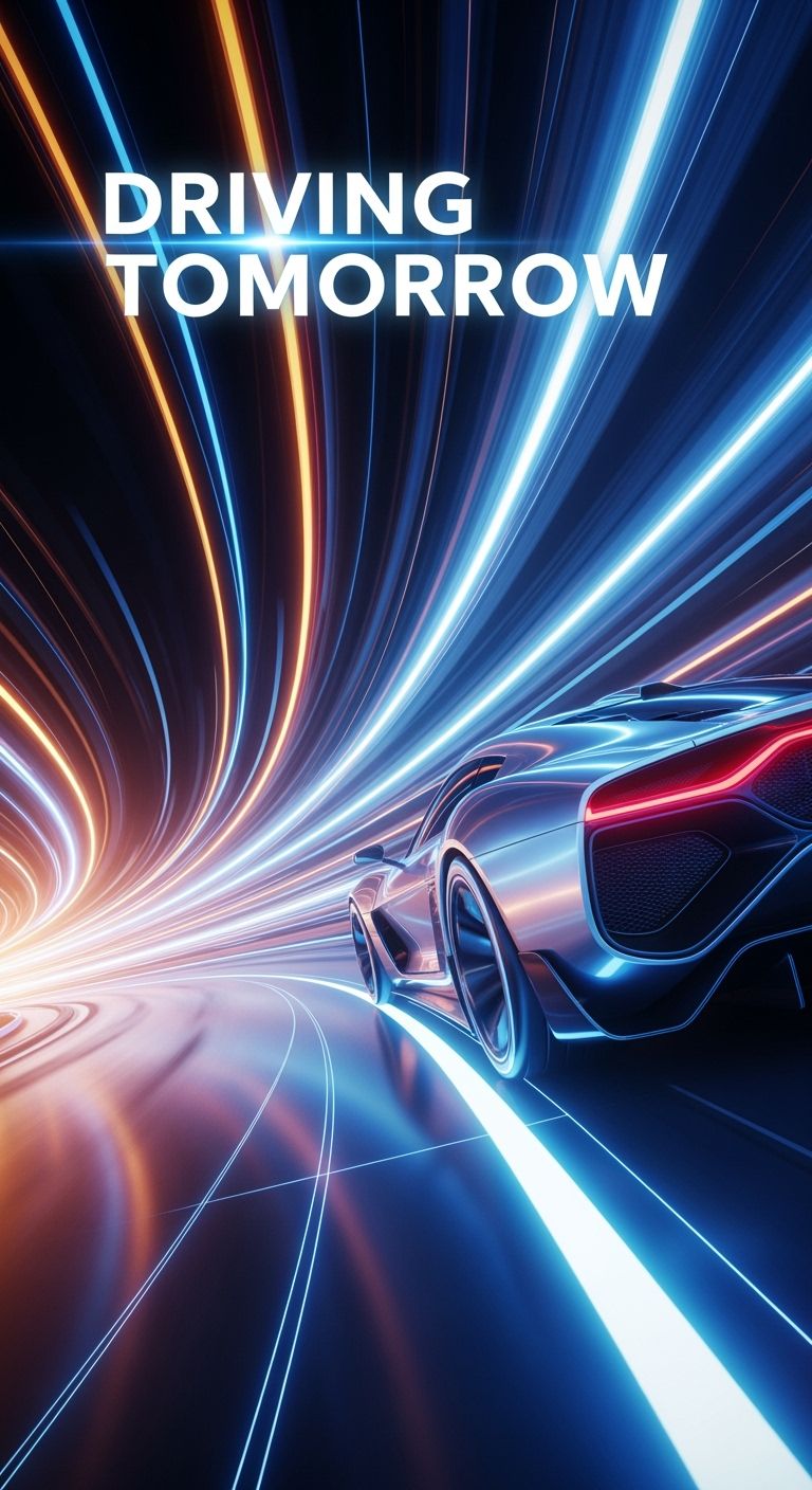 Pôster de salão automotivo mostrando velocidade e poder. Um carro esportivo conceitual correndo em pista virtual com linhas de carroceria suaves e fundo de iluminação dinâmica desfocado