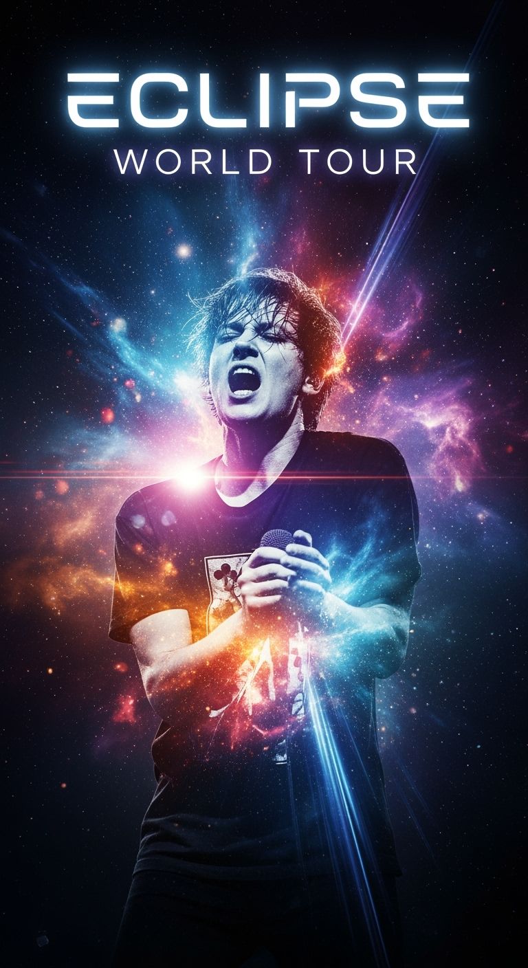 Pôster de concerto visualmente impactante. Foto visual principal do cantor centralizada com expressão intensa, fundo de explosão de poeira estelar e nebulosa cósmica