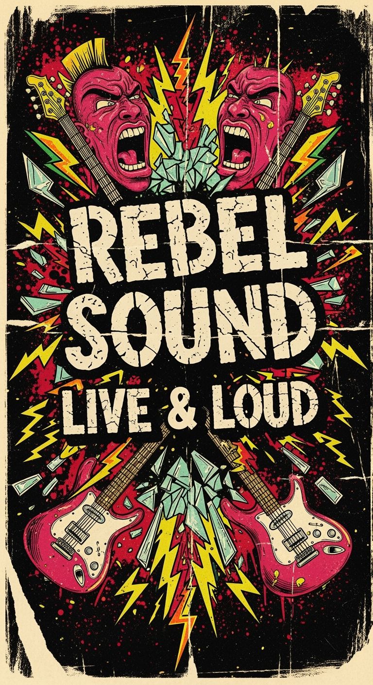 Pôster de performance de banda estilo punk retrô. Textura de papel envelhecido, logotipo da banda desenhado à mão e elementos de ilustração exagerados com forte contraste de cores