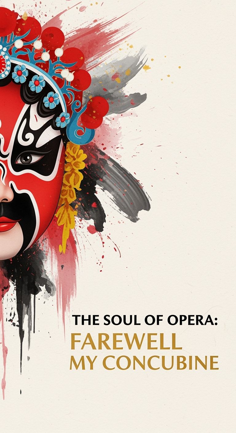 Pôster de ópera fusão tradicional e moderna. Close-up de máscara de Ópera de Pequim combinado com fundo de efeito de pintura a tinta, usando cores clássicas vermelho, preto e dourado