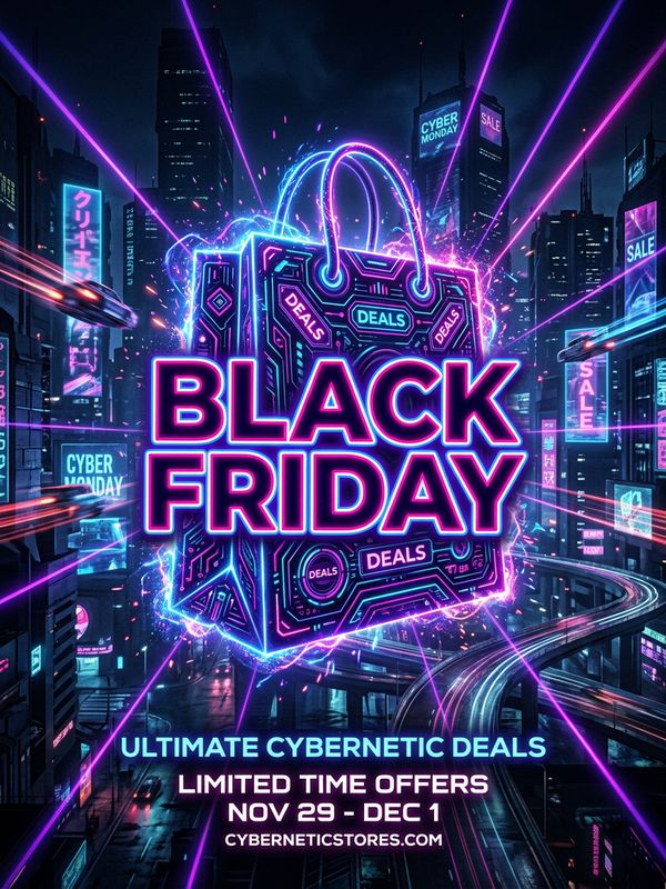 A cyberpunk-style Black Friday poster. A glowing neon shopping bag floats at the center, surrounded by a dark futuristic city grid and purple laser beams. Bold neon glowing text reads "BLACK FRIDAY" at the center. Minimalist layout, high-contrast lighting.