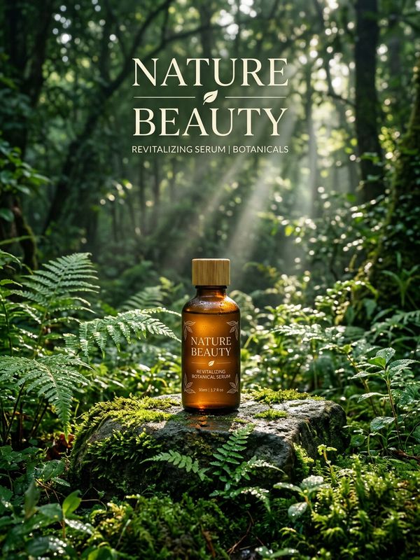 A nature-inspired skincare brand poster. Product placed on a moss-covered stone surrounded by ferns and morning dew. Sunlight through leaves creates a Tyndall effect. Clean English text: "NATURE BEAUTY". Fresh and healing.
