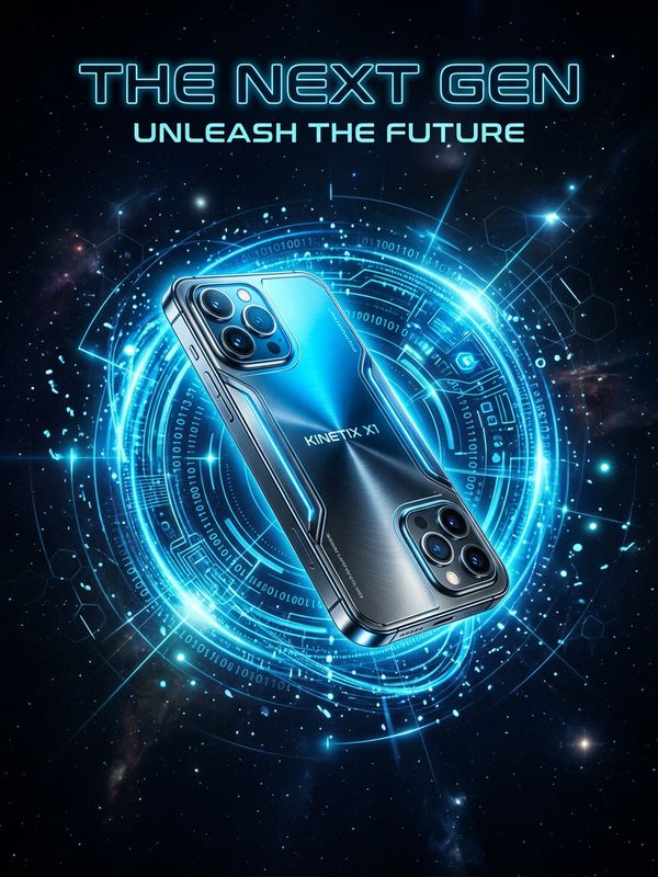 A futuristic tech brand poster. A sleek metallic smartphone floats in zero gravity, surrounded by glowing blue data rings. Dark background. Techy font text at the top: "THE NEXT GEN". Cyberpunk aesthetic.