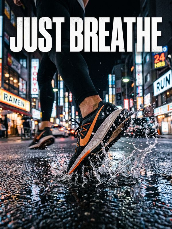 A high-impact sneaker poster. A streamlined sneaker steps into a puddle, splashing water dramatically. Blurred neon city night in the background. Bold powerful text: "JUST BREATHE". Extreme visual impact.