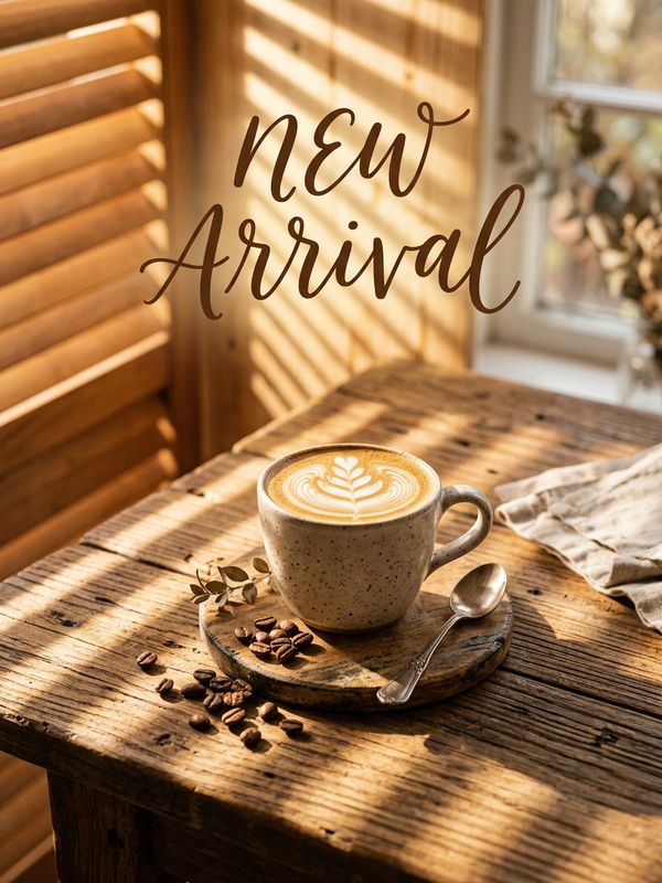 A warm morning-style new product poster. A latte with latte art sits on a wooden table with scattered coffee beans. Morning sunlight through blinds casts striped shadows. Handwritten text in the margin: "NEW ARRIVAL". Perfect ambiance.