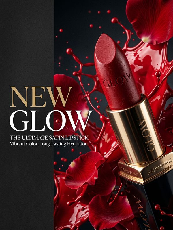A macro-photography-level lipstick poster. Close-up of lipstick bullet, background splashed with vivid red liquid and rose petals. High contrast and dramatic. Elegant text on the left: "NEW GLOW". Fashion magazine cover quality.