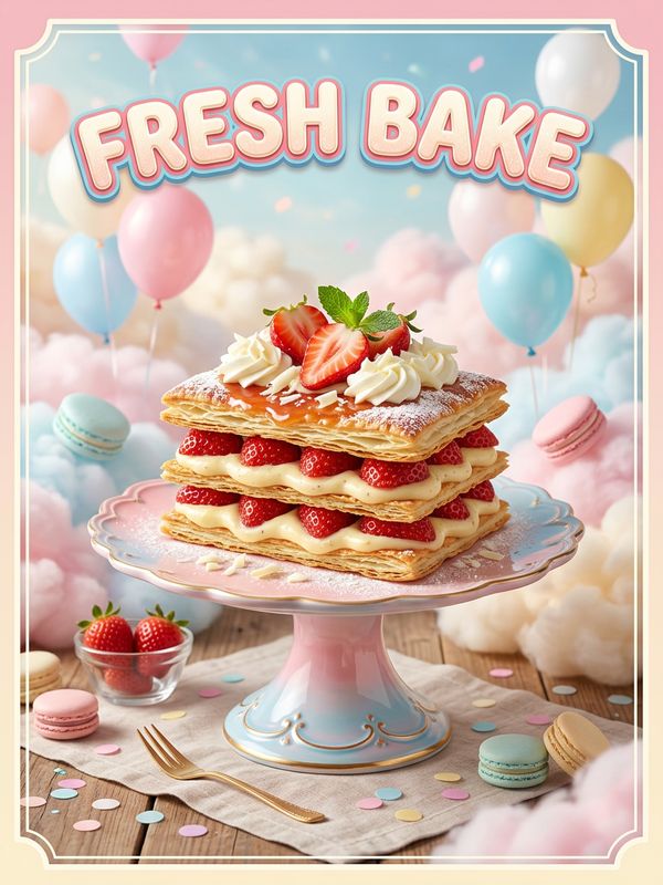 A macaron-toned dessert launch poster. A delicate strawberry mille-feuille cake sits on a soft pink-blue display stand, with floating clouds and balloons. Rounded cute font at the top: "FRESH BAKE". Mouth-watering.