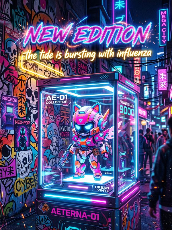A cyberpunk-meets-pop-art new product toy poster. A cute mecha-style figure stands in a glowing display case, backed by a vibrant graffiti wall. Neon glowing text: "NEW EDITION". Overflowing streetwear energy.